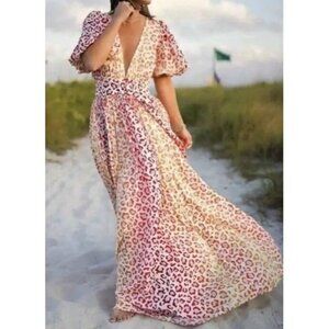 Rococo Sand Sz S Maxi Dress Avana Leopard Print Pleated Puff Sleeve Vneck